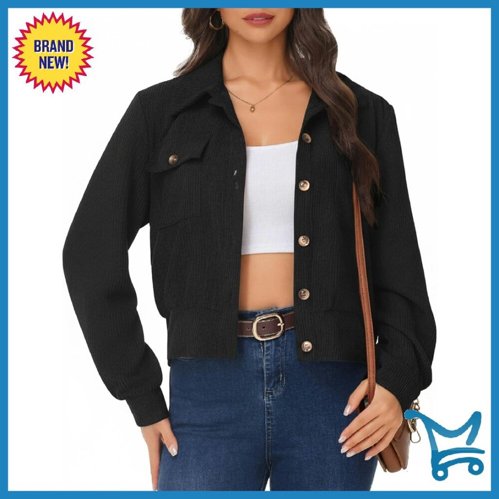 Cropped Corduroy Shacket Button Down Jacket Long … - image 1